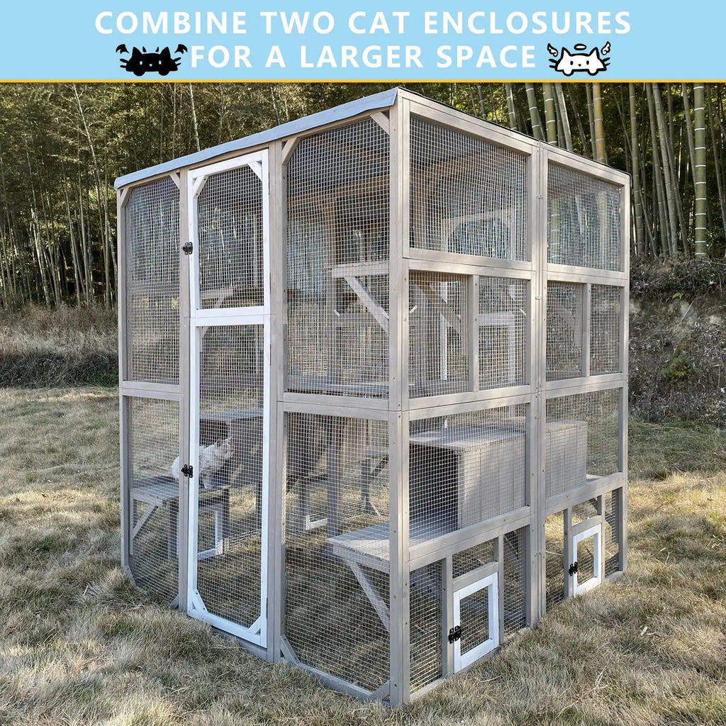 Catio Walk-In 67.7", Fir Wood with 5 Platforms, 2 Napping Houses & Window Access