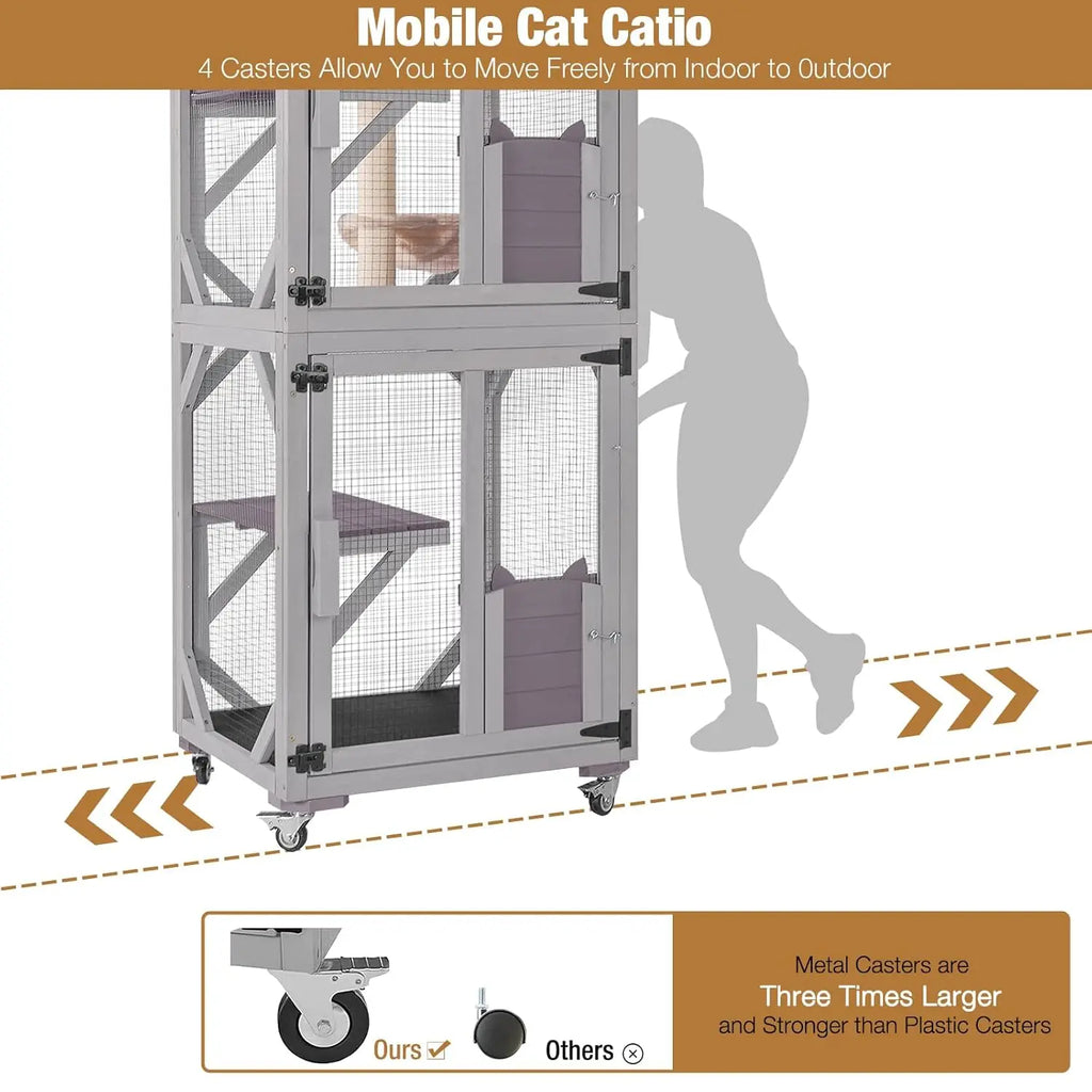 Catio Tower on Wheels 62.8", 4-Tier with Condo, Hammock & Window Access
