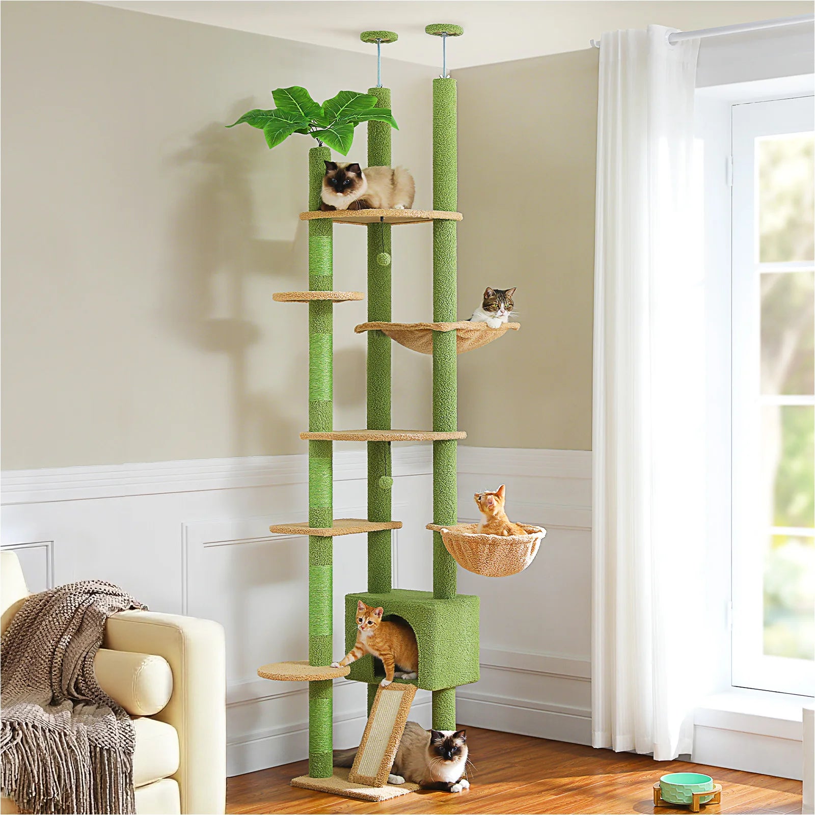 Cat Tree Floor to Ceiling 93"-101", Wooden Tower with Hammock, Condo & Sisal Posts