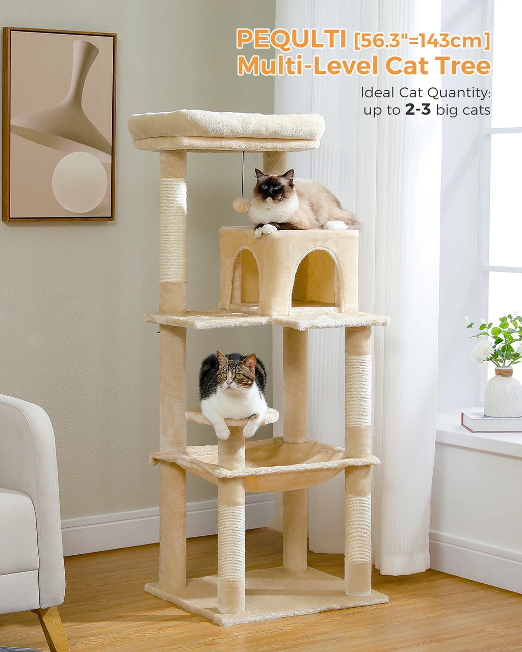 Cat Tree 143cm, 5-Level with Sisal Posts, Hammock, Condo & Top Perch