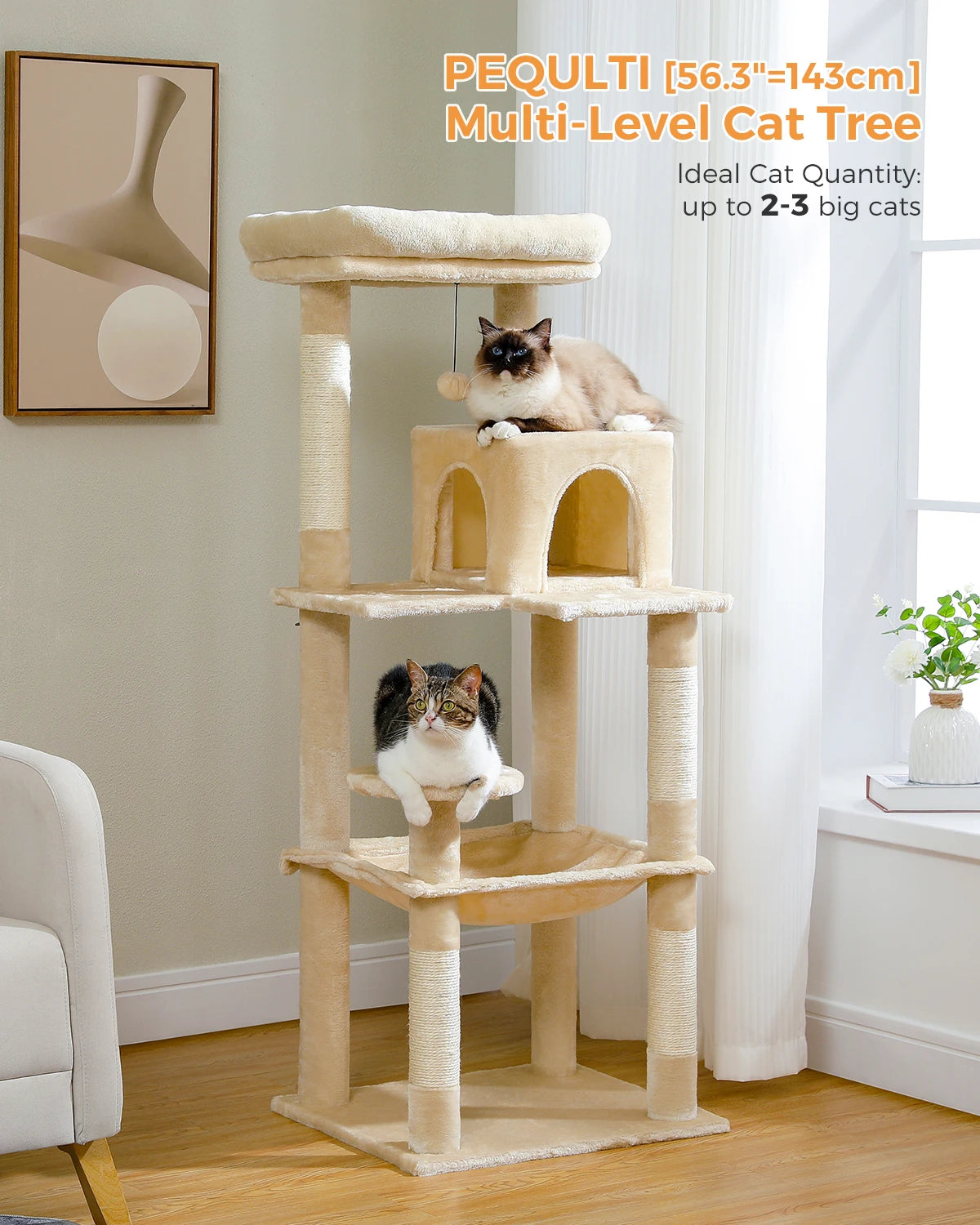 Cat Tree 143cm, 5-Level with Sisal Posts, Hammock, Condo & Top Perch