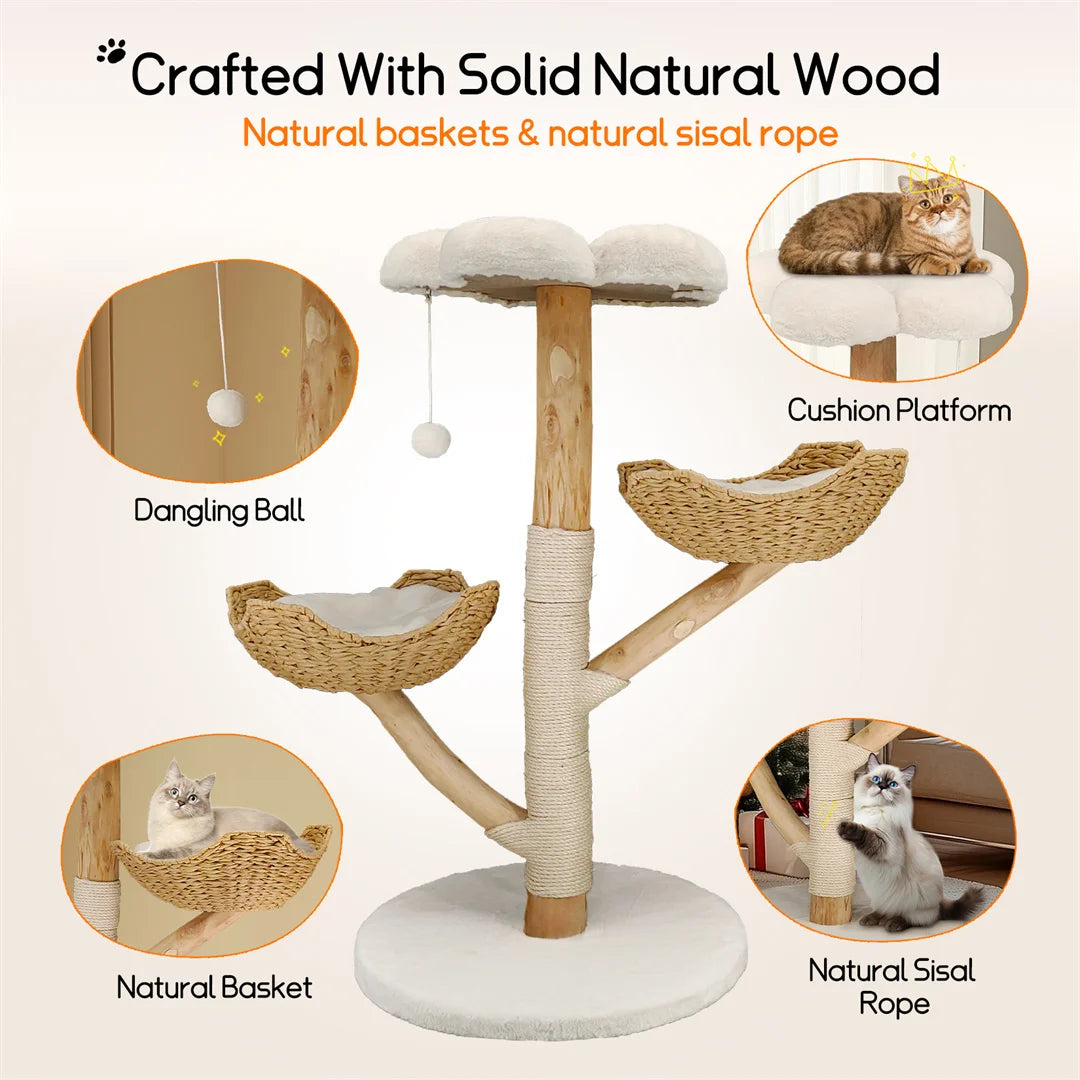 Cat Tree 44", Solid Wood with Natural Baskets, Sisal Post & Dangling Ball