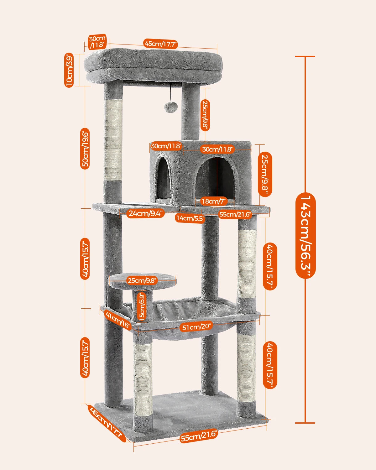 Cat Tree 143cm, 5-Level with Sisal Posts, Hammock, Condo & Top Perch
