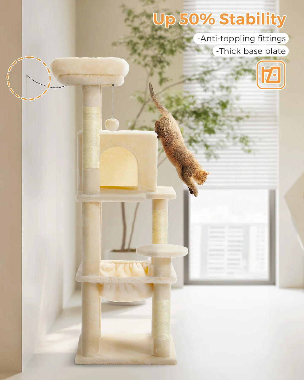 Cat Tree 143cm, 5-Level with Sisal Posts, Hammock, Condo & Top Perch