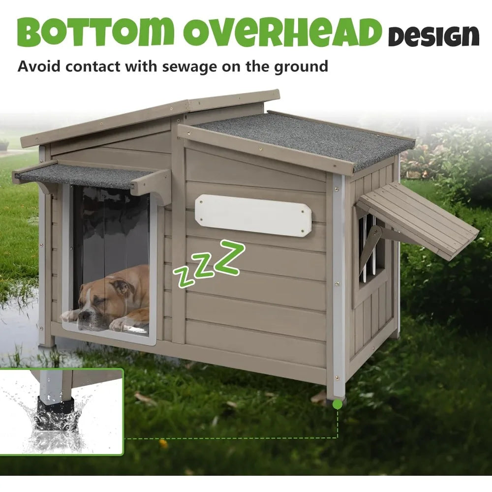 Outdoor Dog House 34", Fir Wood with Chew-Resistant Alloy Frame, Flip-Up Window & Removable Floor