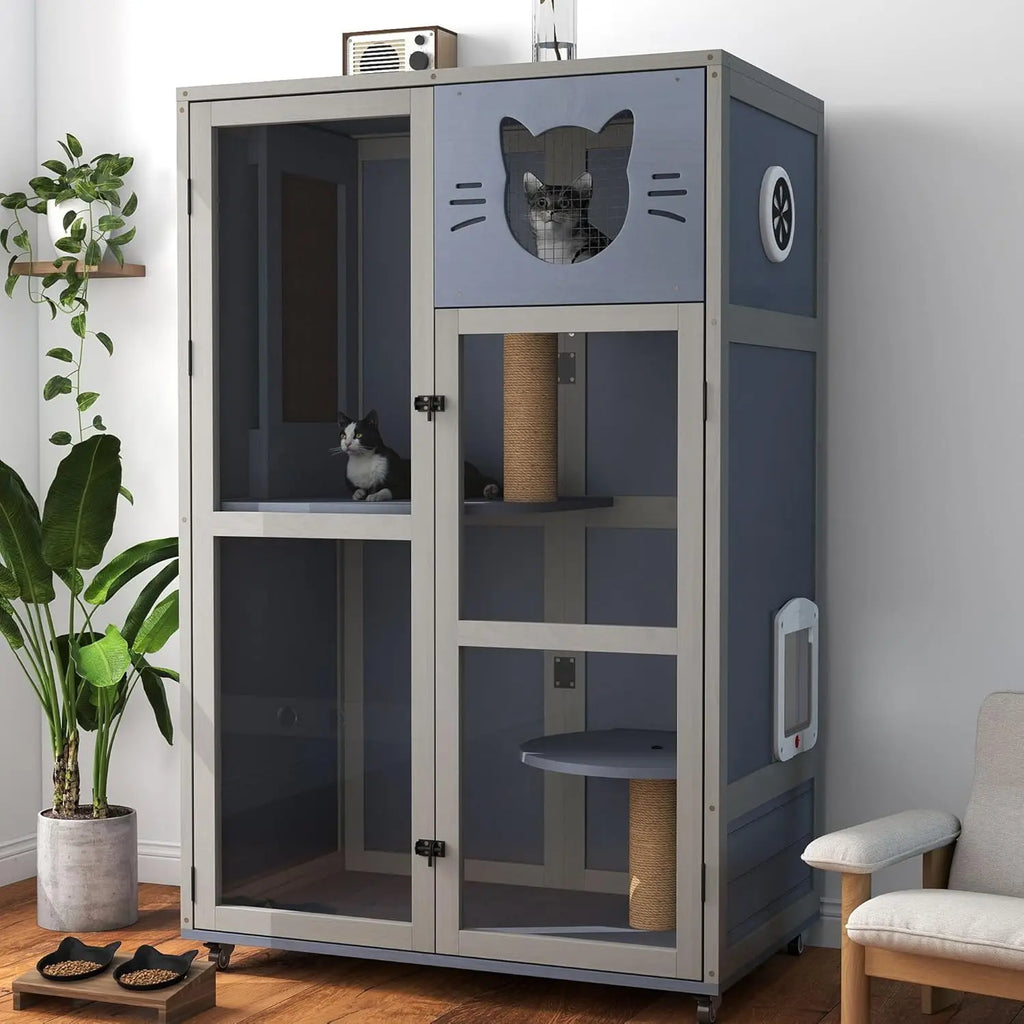 Cat House on Wheels 51", Solid Pine Villa with Condo, Sisal Posts & Litter Area