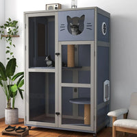 Cat House on Wheels 51", Solid Pine Villa with Condo, Sisal Posts & Litter Area