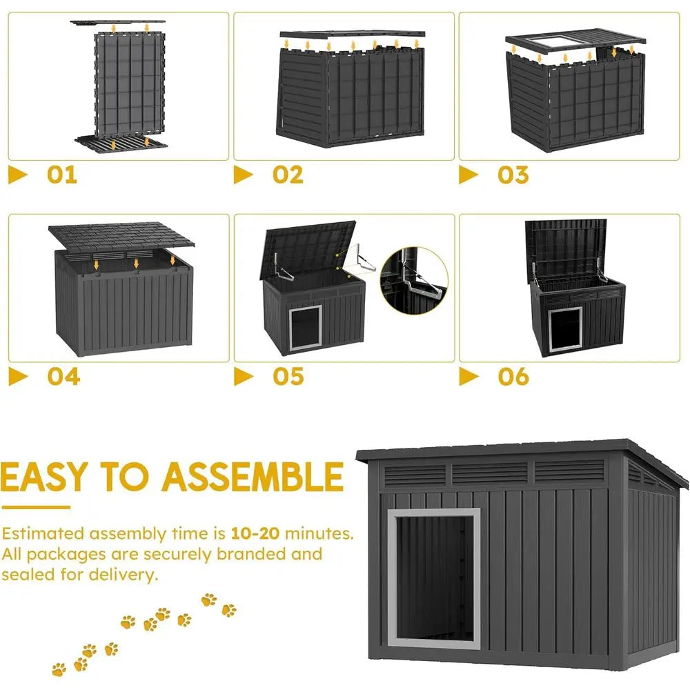 Dog House 43", Weatherproof Resin with Gas-Strut Opening Roof & Louvered Vents