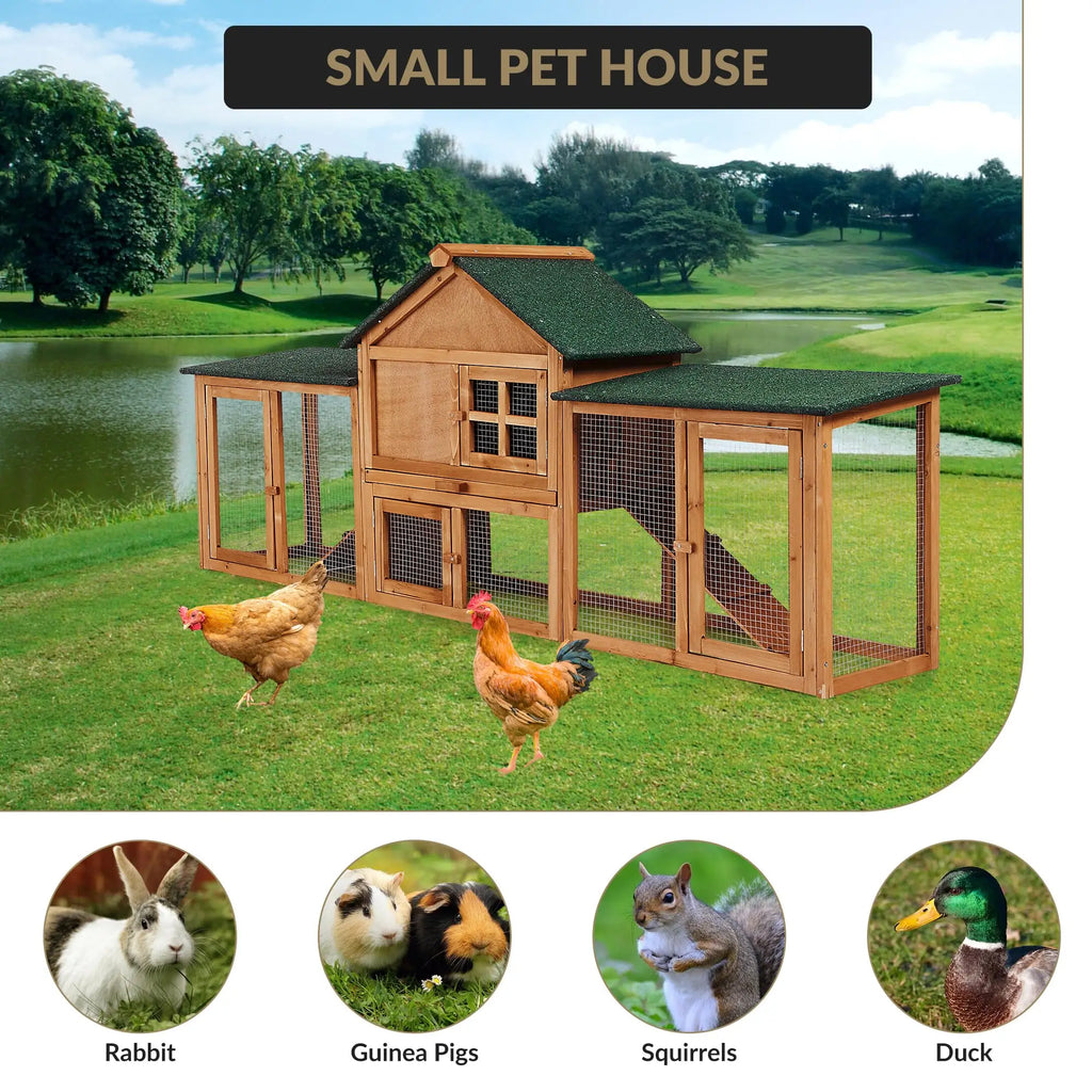2-Story Rabbit Hutch 82.7", Outdoor Wood Cage with Double Side Runs, Pull-Out Tray, Ramps & Waterproof Roof