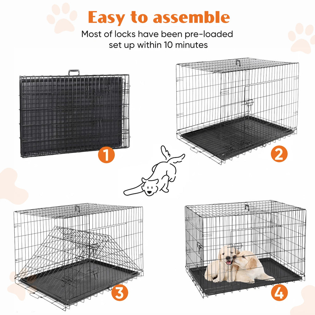 Dog Crate 36"–48", Folding Metal Wire with Double Doors, Divider Panel & Leak-Proof Tray