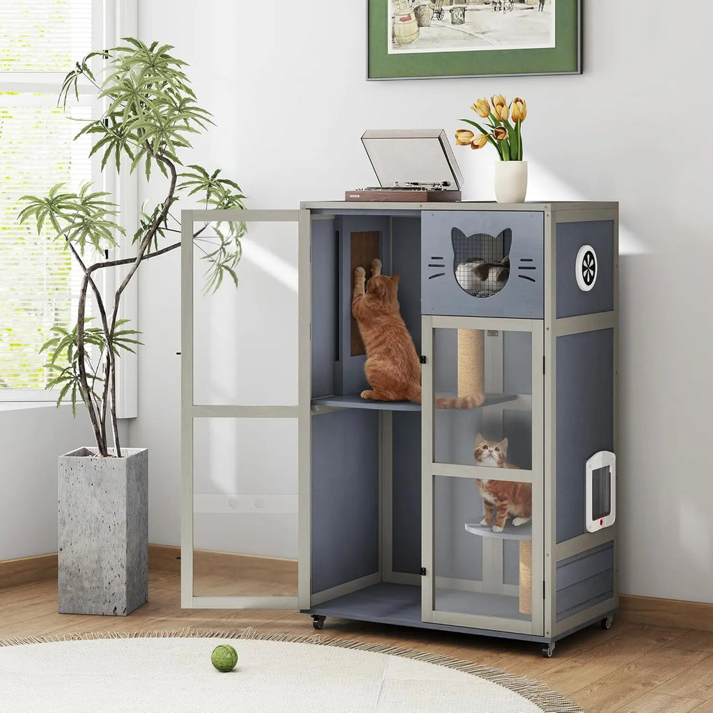 Cat House on Wheels 51", Solid Pine Villa with Condo, Sisal Posts & Litter Area