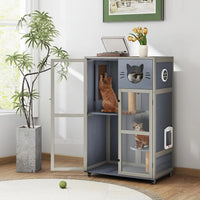 Cat House on Wheels 51", Solid Pine Villa with Condo, Sisal Posts & Litter Area