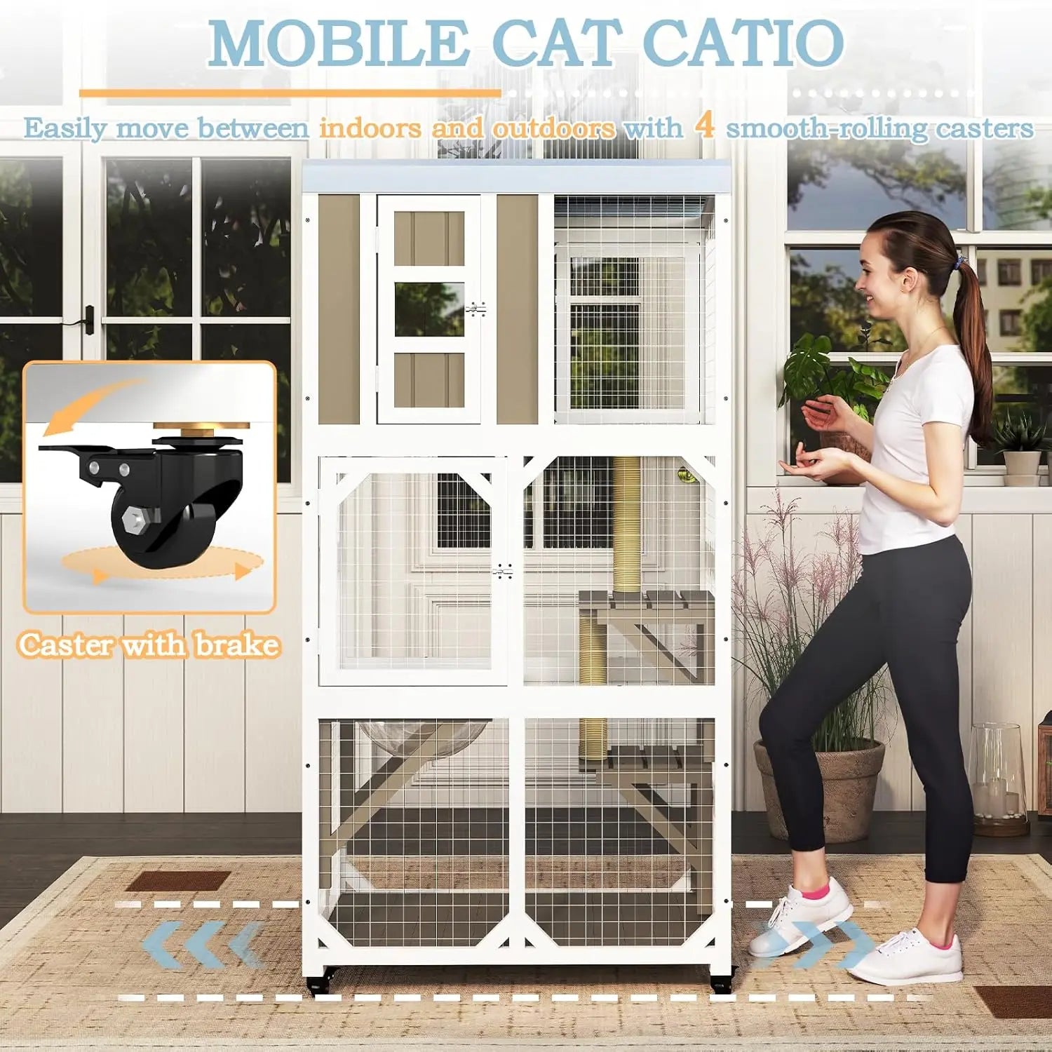 Catio on Wheels 63", Wooden with 3 Platforms, Capsule Bed & Window Access