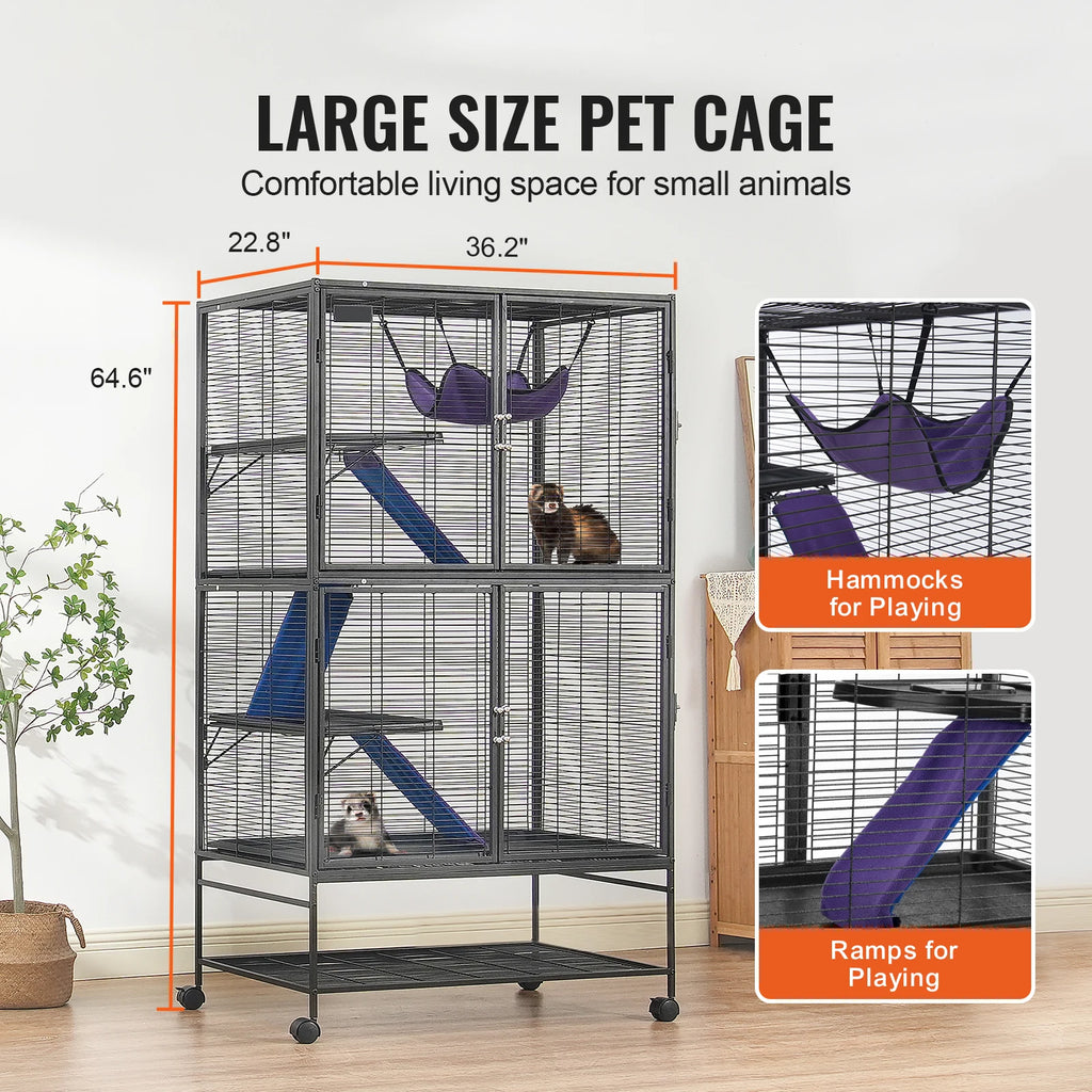 Rolling Small Animal Cage, Multi-Level Metal Critter Cage with Platforms, Ramps, Pull-Out Tray & Lockable Casters — 5 Sizes