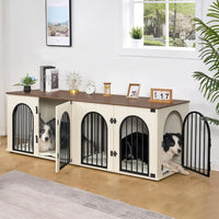 Dog Crate Furniture 71" for Two Dogs, Wood & Steel with Removable Divider, Arch Doors & Washable Cushions
