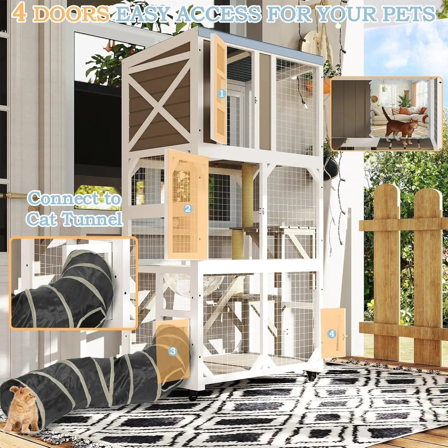 Catio on Wheels 63", Wooden with 3 Platforms, Capsule Bed & Window Access
