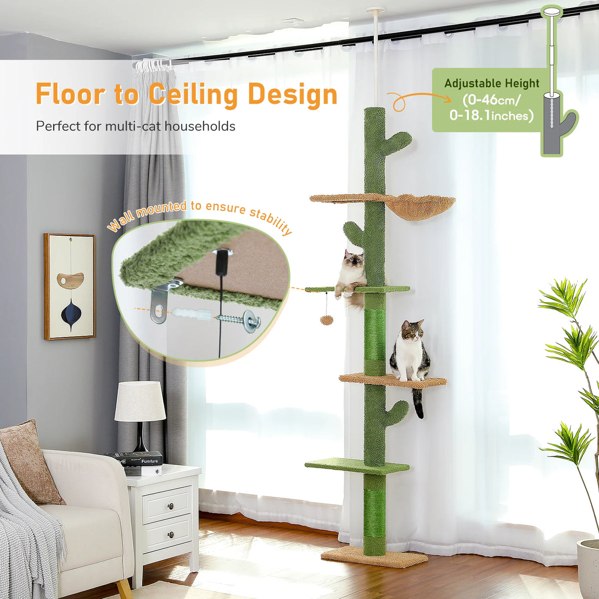 Cat Tree Cactus Floor to Ceiling 90"–108", 5 Levels with Sisal & Hammock