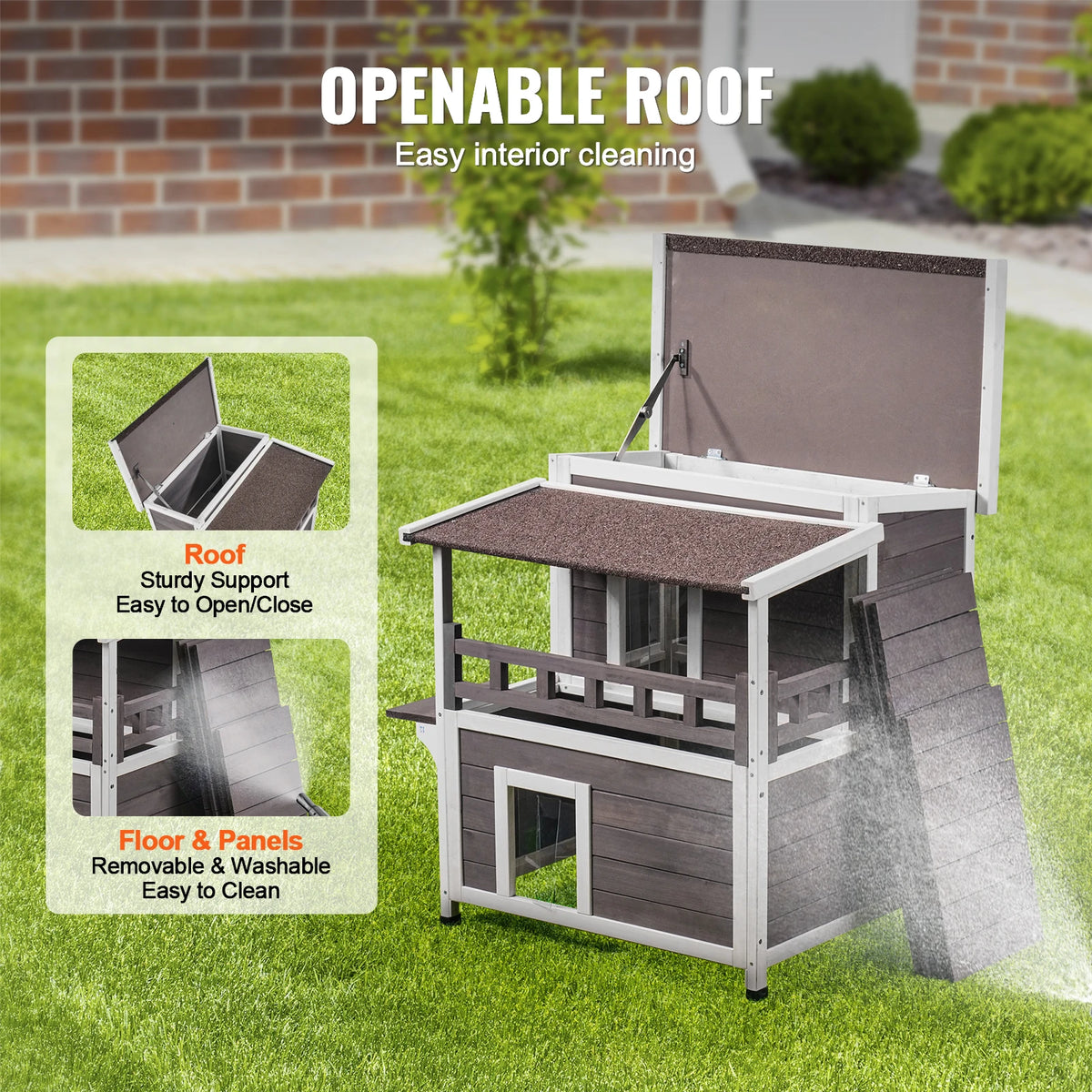 Outdoor Cat House 32", 2-Story Cedar Shelter with Balcony, Openable Roof & Door Curtain