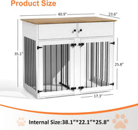 Dog Crate 41", Farmhouse White Wood & Steel with Removable Divider, Storage Cabinets & Double Doors