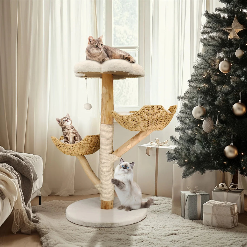 Cat Tree 44", Solid Wood with Natural Baskets, Sisal Post & Dangling Ball