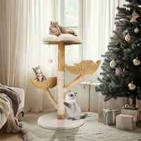 Cat Tree 44", Solid Wood with Natural Baskets, Sisal Post & Dangling Ball