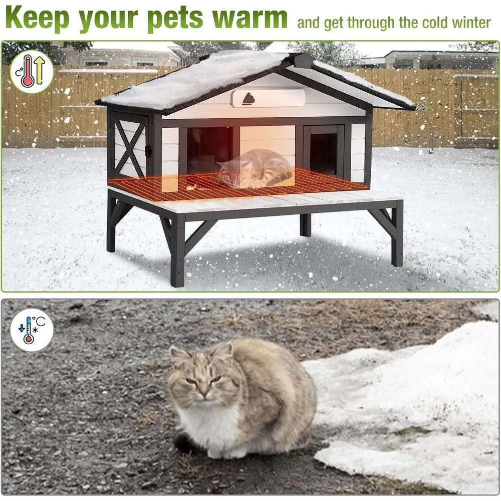 Heated Cat House 35", Large Wood Shelter with Porch, Washable Heated Pad & Thermal Liner