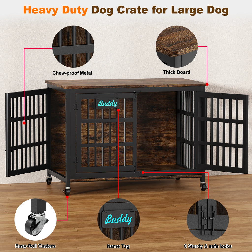 Dog Crate Furniture 41"–46", Heavy-Duty Metal & Wood with Double Doors, 6 Slide Locks & Locking Casters