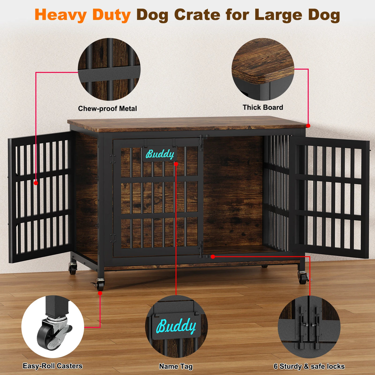 Dog Crate Furniture 41"–46", Heavy-Duty Metal & Wood with Double Doors, 6 Slide Locks & Locking Casters