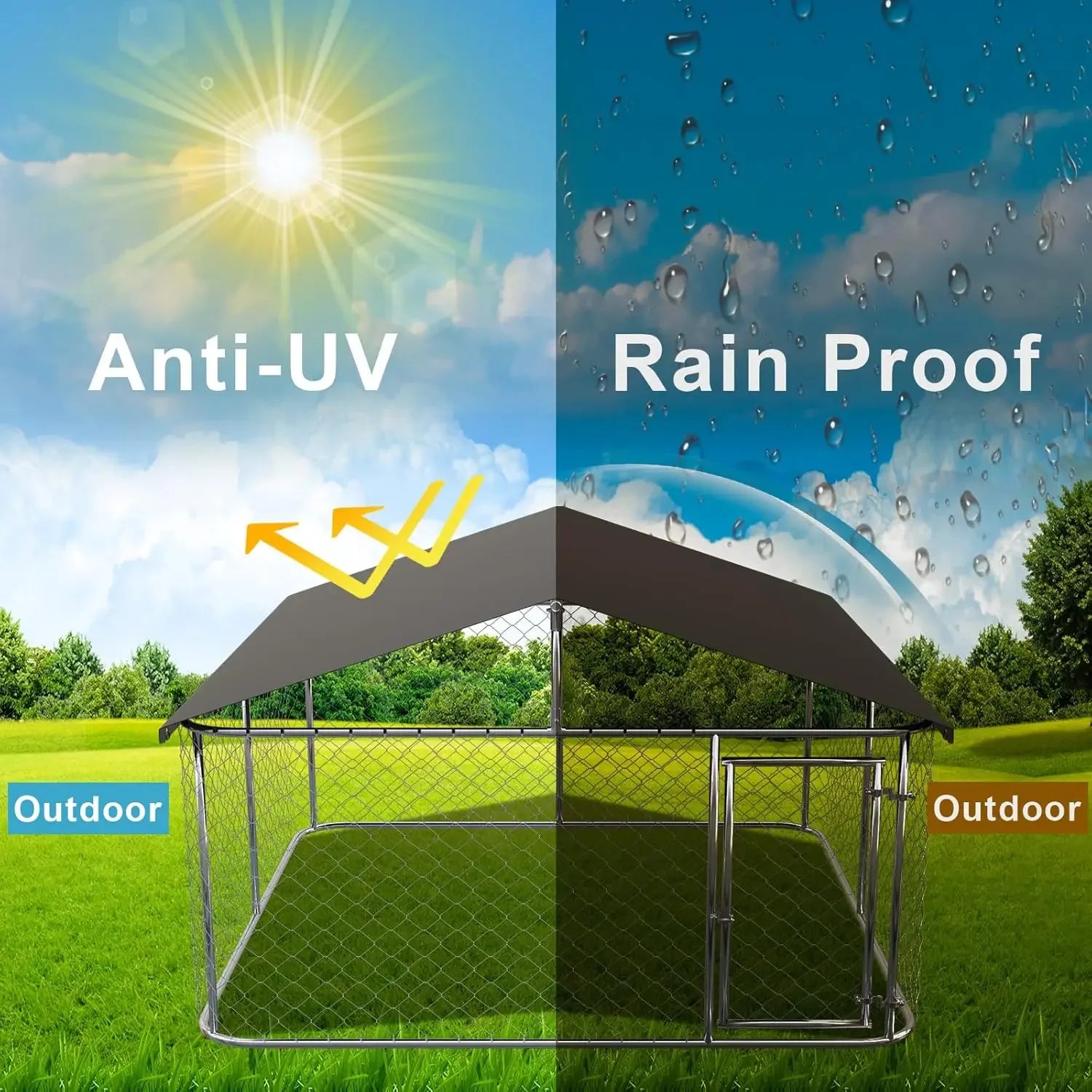Outdoor Dog Kennel 6.5×6.5 ft, Galvanized Chain-Link with Waterproof Canopy Roof, Ground Stakes & Secure Lock