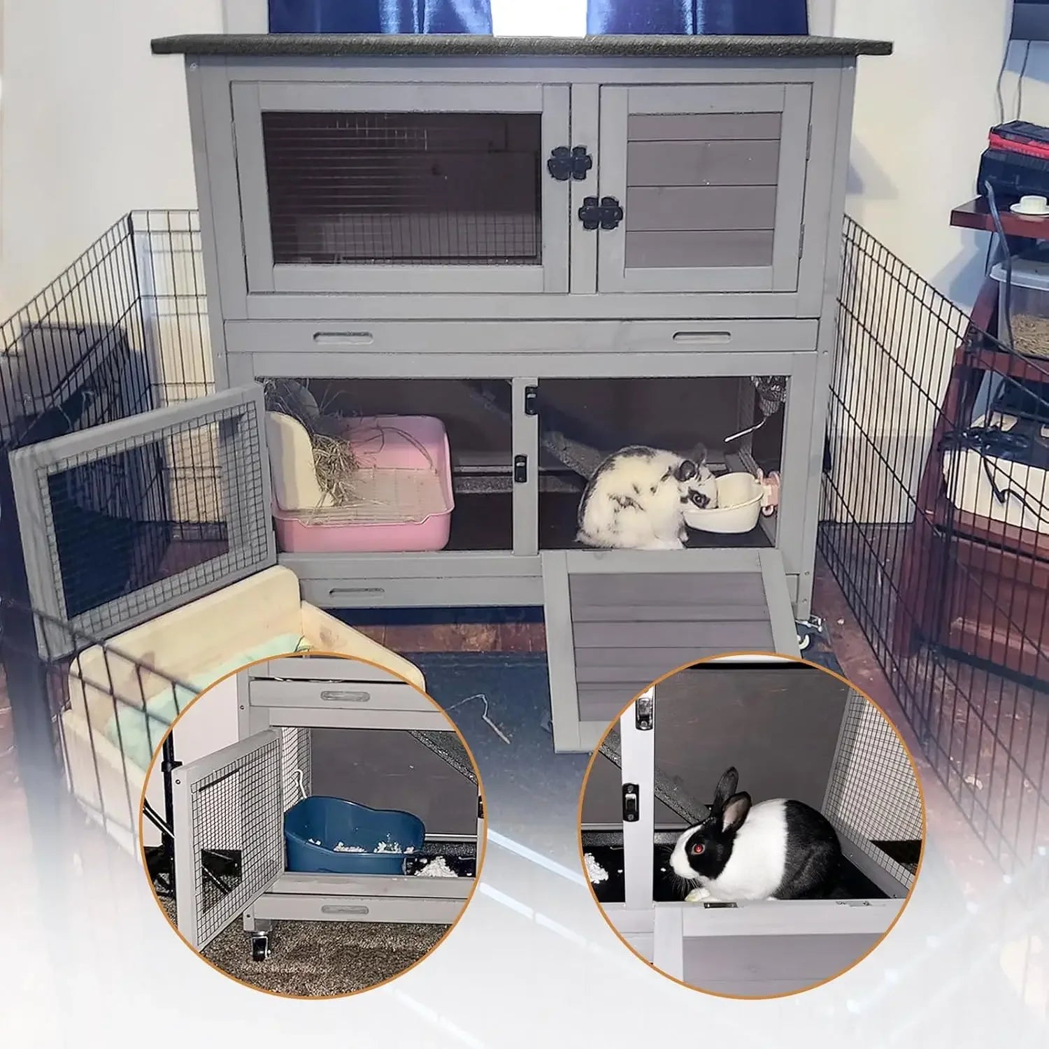 Mobile Rabbit Hutch 36" with Casters, Fir Wood, Two Deep Pull-Out Trays & Sliding Divider Door