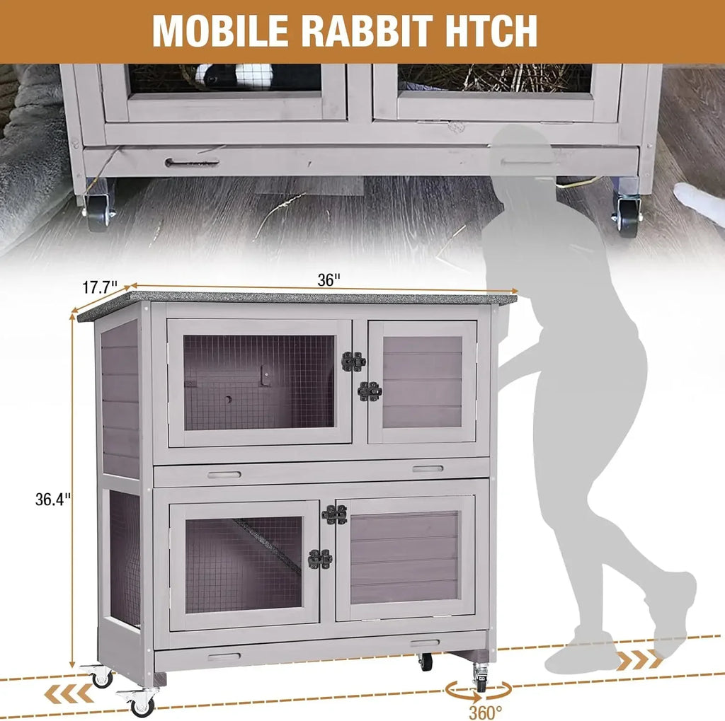 Mobile Rabbit Hutch 36" with Casters, Fir Wood, Two Deep Pull-Out Trays & Sliding Divider Door