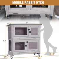 Mobile Rabbit Hutch 36" with Casters, Fir Wood, Two Deep Pull-Out Trays & Sliding Divider Door