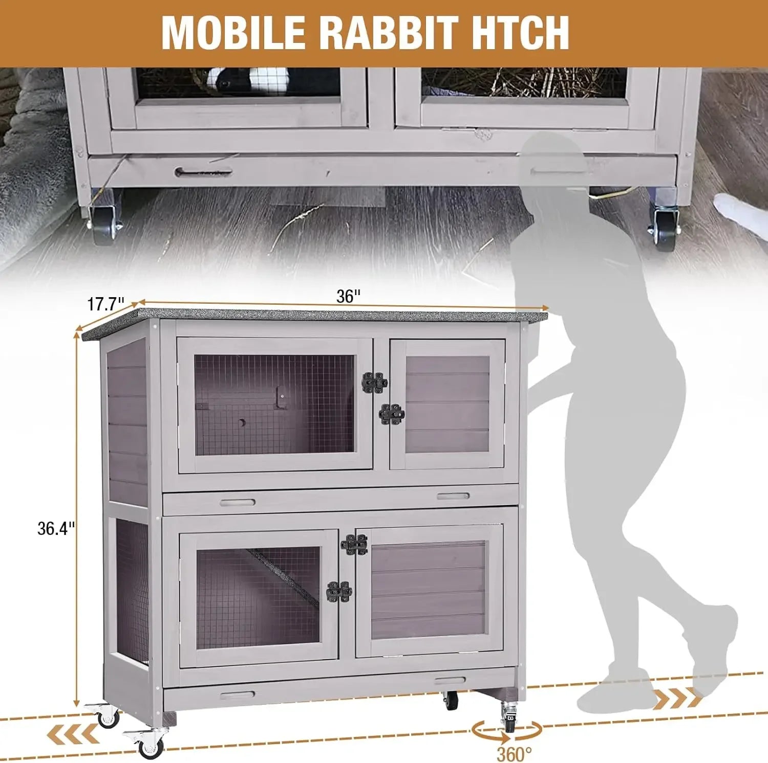 Mobile Rabbit Hutch 36" with Casters, Fir Wood, Two Deep Pull-Out Trays & Sliding Divider Door