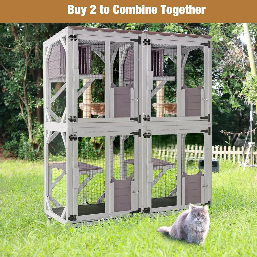 Catio Tower on Wheels 62.8", 4-Tier with Condo, Hammock & Window Access