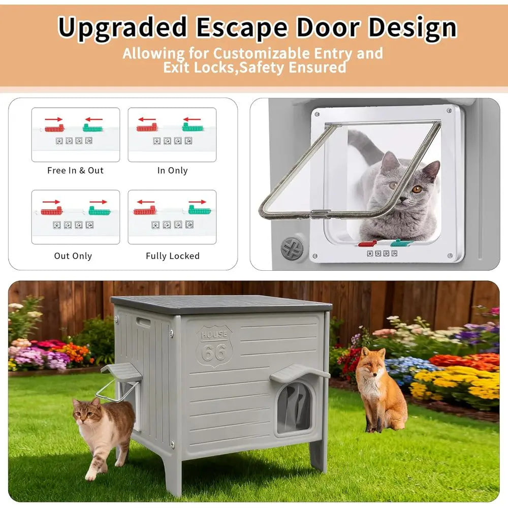 Heated Cat House 27", Weatherproof with Adjustable Heating Pad, Escape Door & Curtains