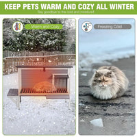 Heated Cat House 34", Wood with Heating Pad, Thermal Liner, Elevated Base & Side Platforms