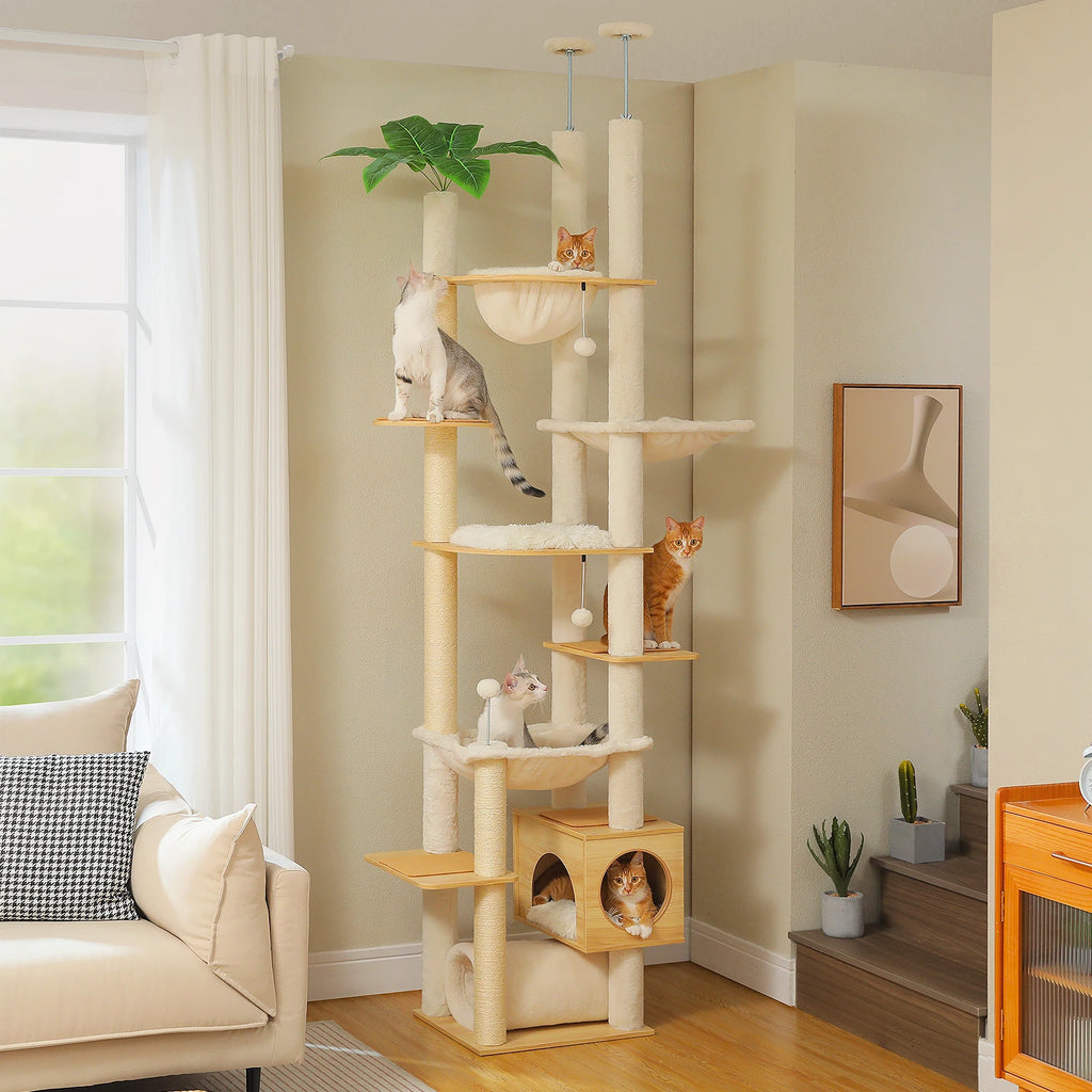 Cat Tree Floor to Ceiling 93"-101", Wooden Tower with Hammock, Condo & Sisal Posts