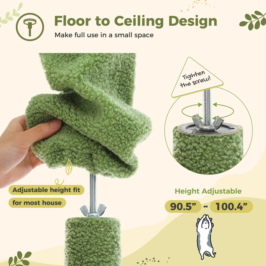 Cat Tree Floor to Ceiling 93"-101", Wooden Tower with Hammock, Condo & Sisal Posts
