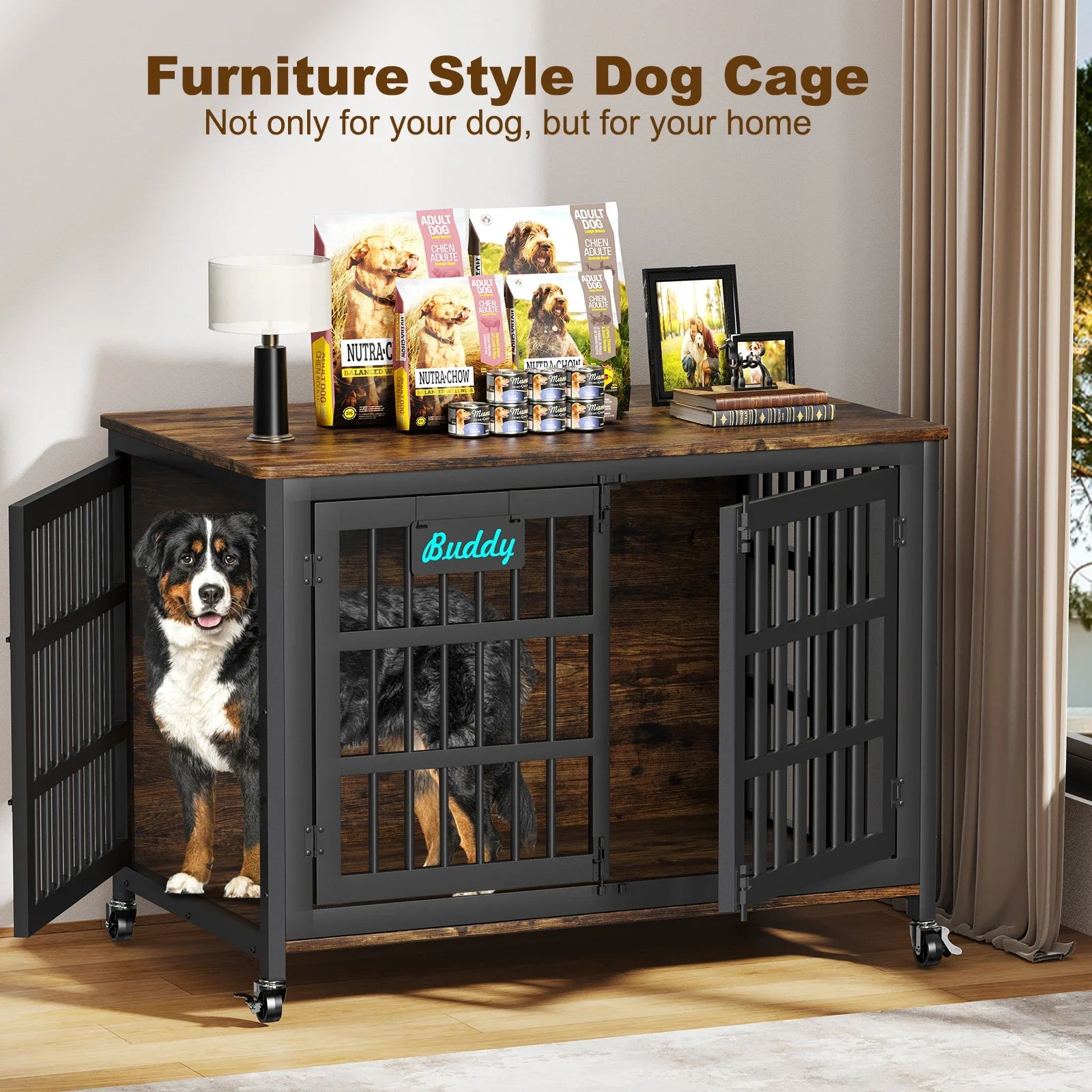 Dog Crate Furniture 41"–46", Heavy-Duty Metal & Wood with Double Doors, 6 Slide Locks & Locking Casters