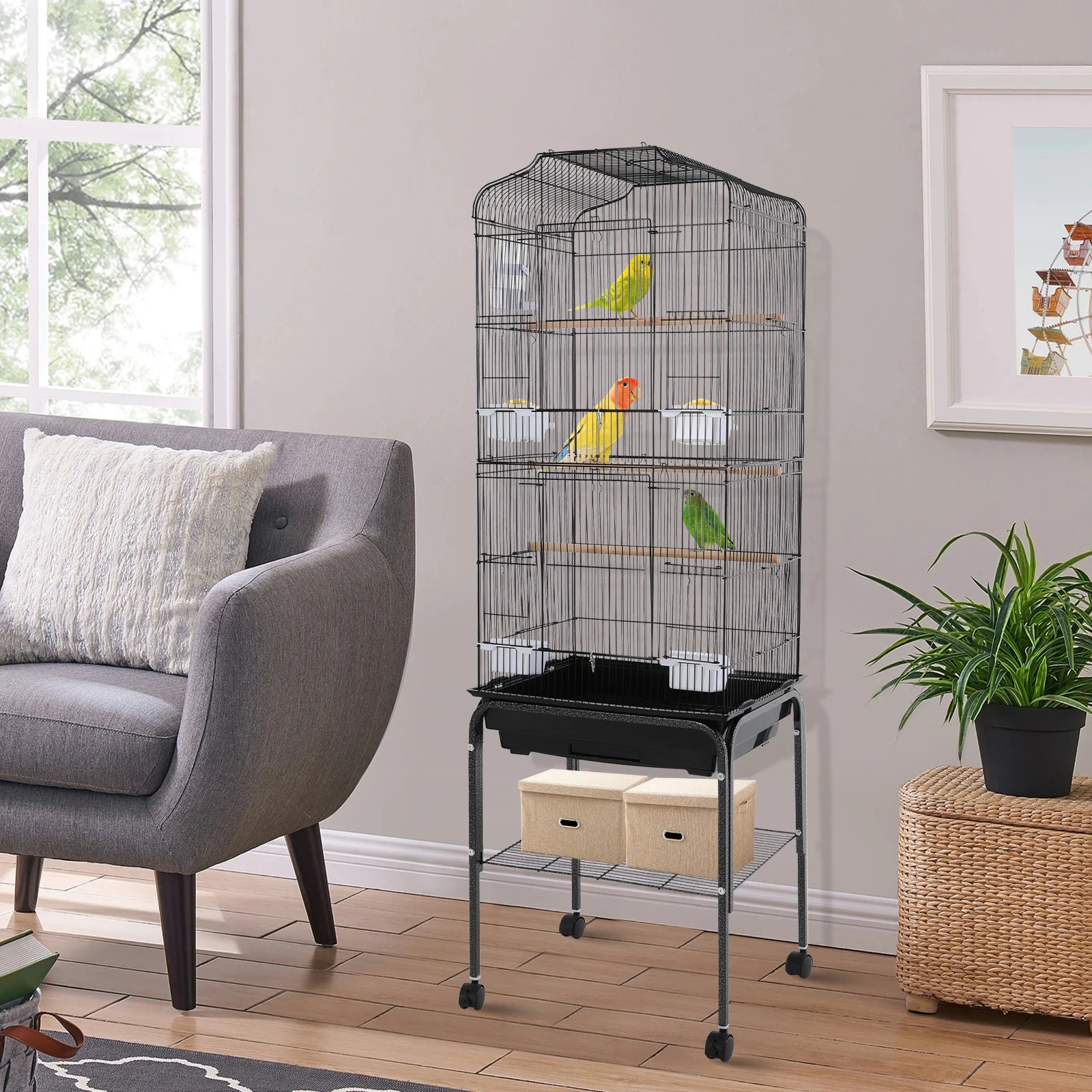 Bird Cage 54", Slim Steel Flight Cage for Cockatiels & Small Parrots with Lockable Door, Rolling Stand & Storage Shelf