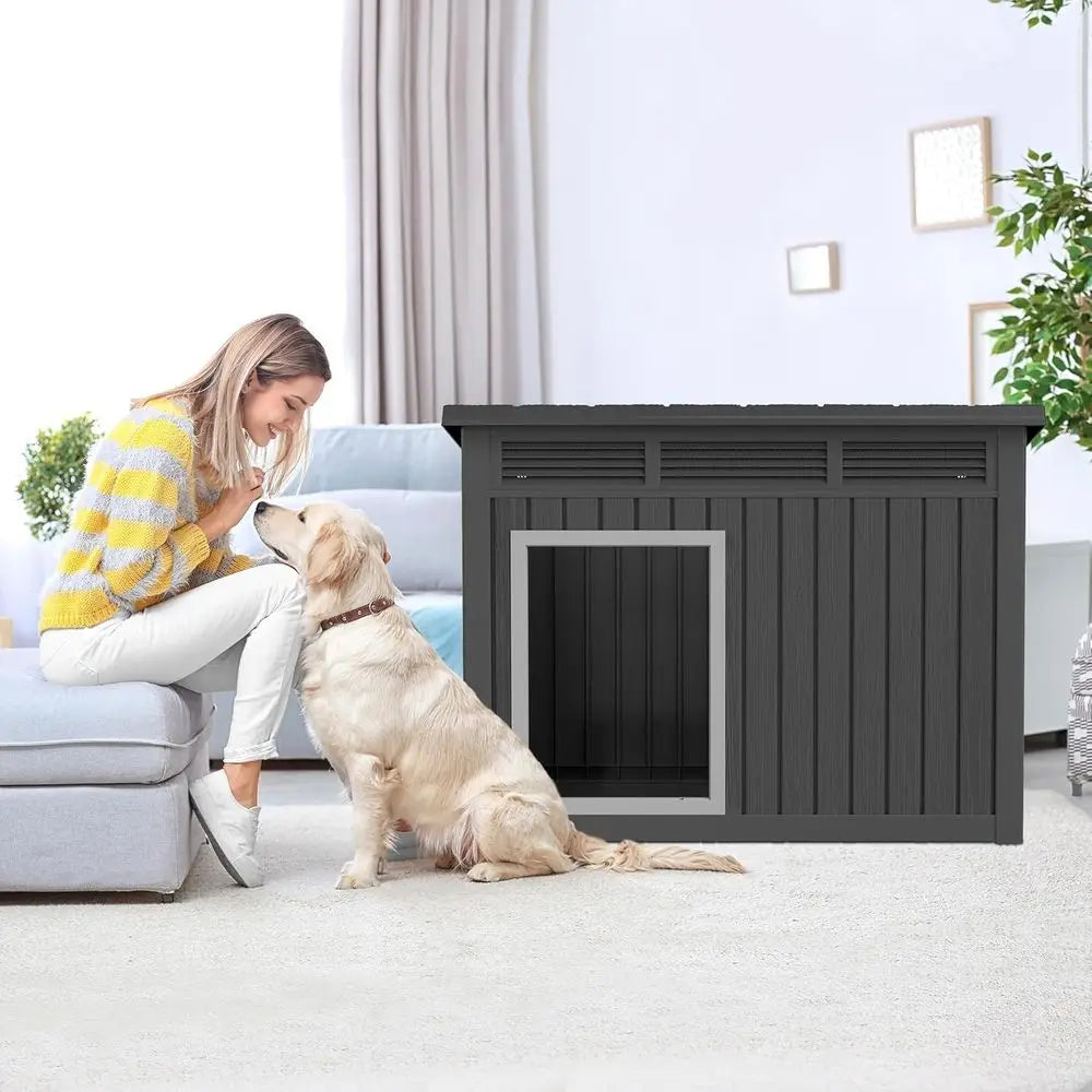 Dog House 43", Weatherproof Resin with Gas-Strut Opening Roof & Louvered Vents