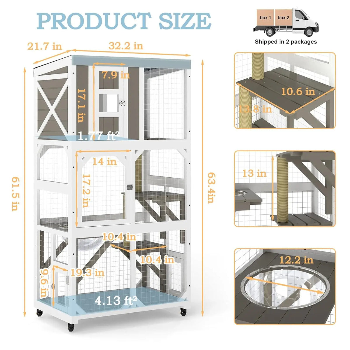 Catio on Wheels 63", Wooden with 3 Platforms, Capsule Bed & Window Access