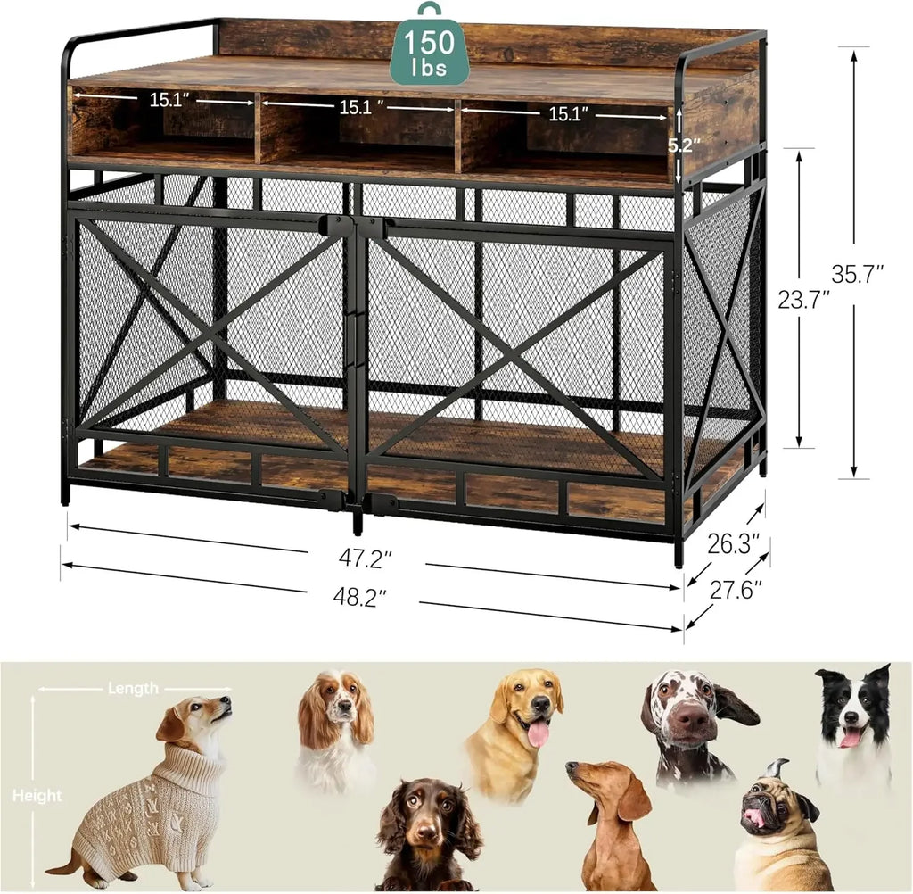 Dog Crate  48", Heavy-Duty Wood & Steel with Chew-Proof Mesh, Storage Compartments & Double Doors