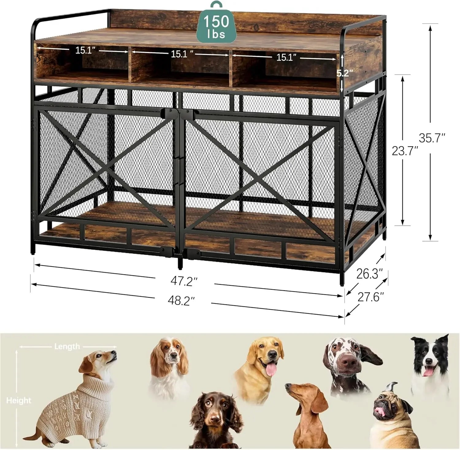 Dog Crate  48", Heavy-Duty Wood & Steel with Chew-Proof Mesh, Storage Compartments & Double Doors