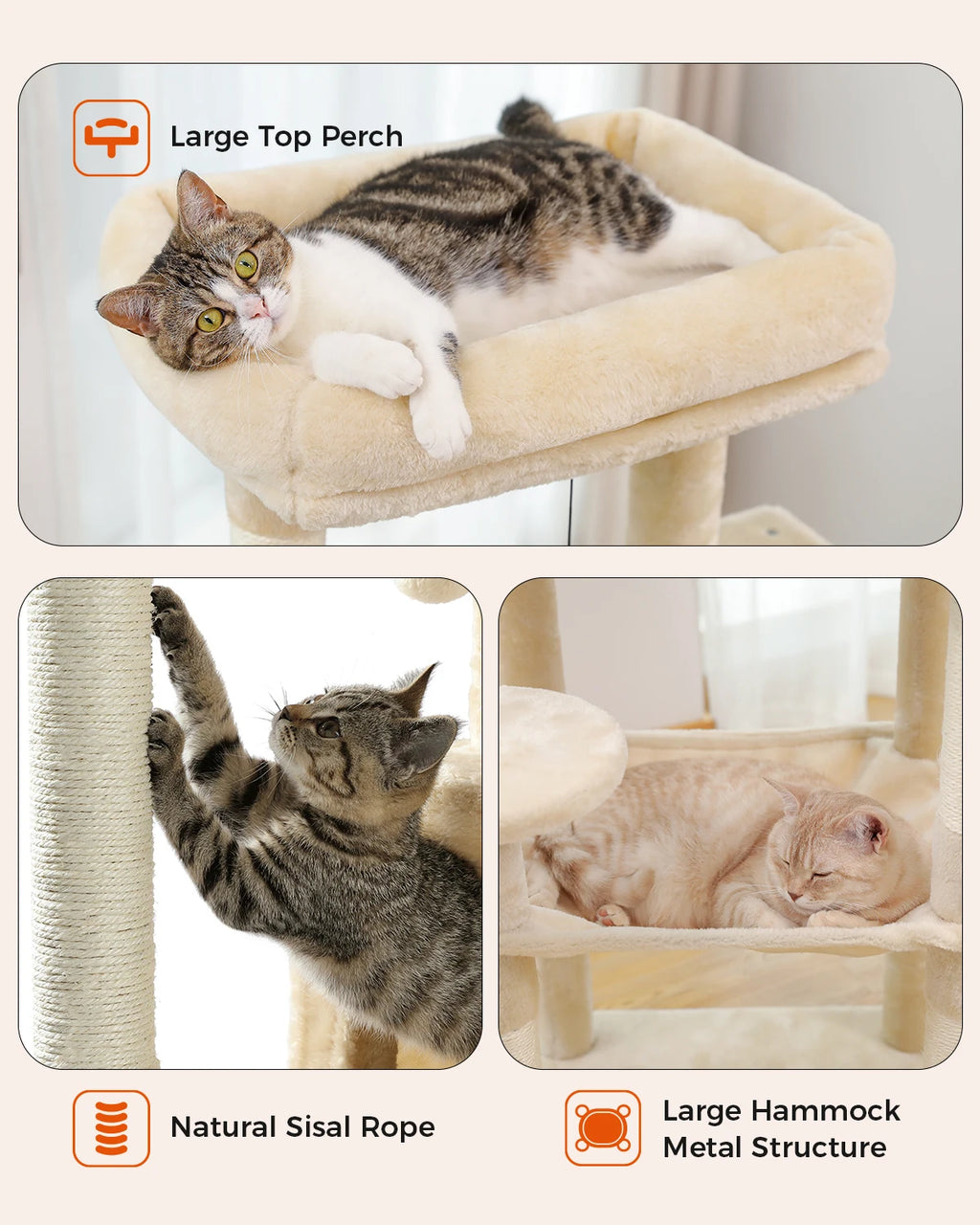 Cat Tree 143cm, 5-Level with Sisal Posts, Hammock, Condo & Top Perch