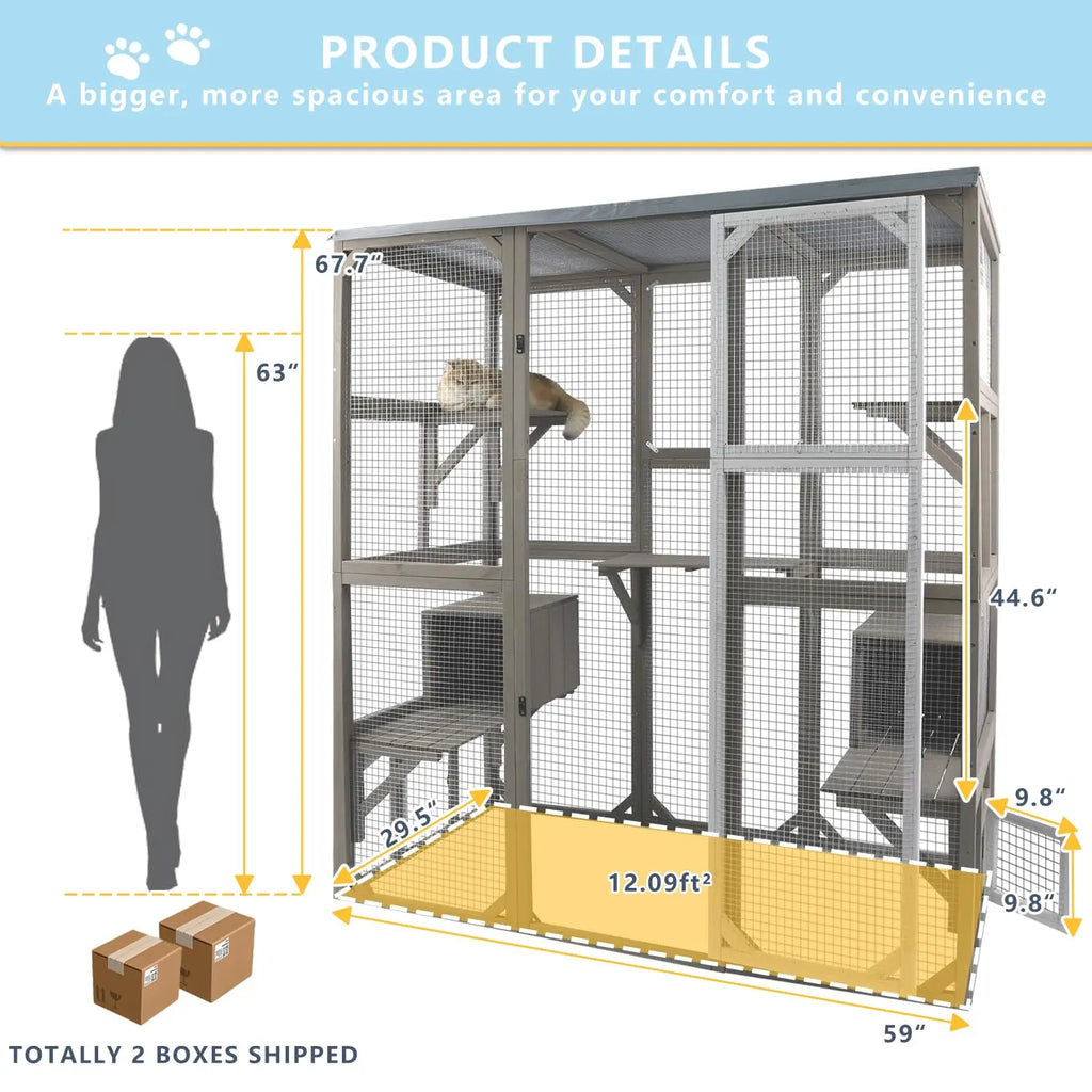 Catio Walk-In 67.7", Fir Wood with 5 Platforms, 2 Napping Houses & Window Access