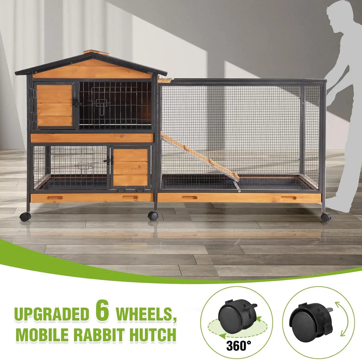 Rabbit Hutch 2-Story, Chew-Proof Wood with Metal Frame, 6 Locking Casters & 3 Pull-Out Trays