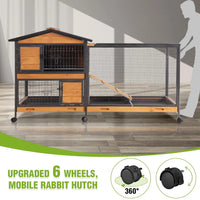 Rabbit Hutch 2-Story, Chew-Proof Wood with Metal Frame, 6 Locking Casters & 3 Pull-Out Trays