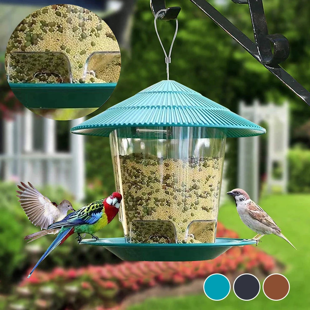 Bird Feeder 6.5", Hanging Seed Dispenser with Weatherproof Roof, Clear Reservoir & Wide Perch Ring