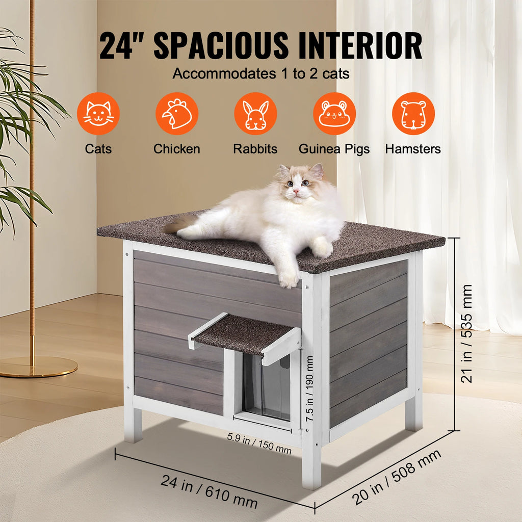 Insulated Cat House 24", Cedar with Foam Insulation, Sloped Roof & Door Curtain